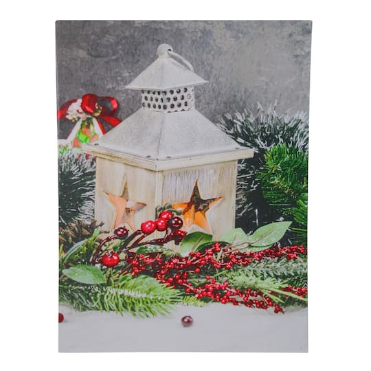15.7" Lighted LED Candle Lantern with Berries & Greenery Canvas Wall Art